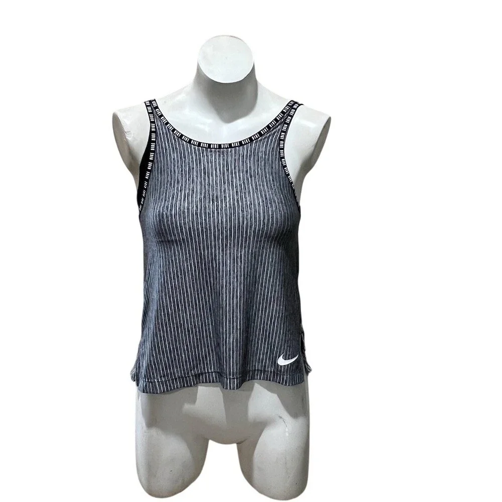 Nike Dri-FIT Girls Tank Top Size M Black Gray Pinstripe Built-In Bra
